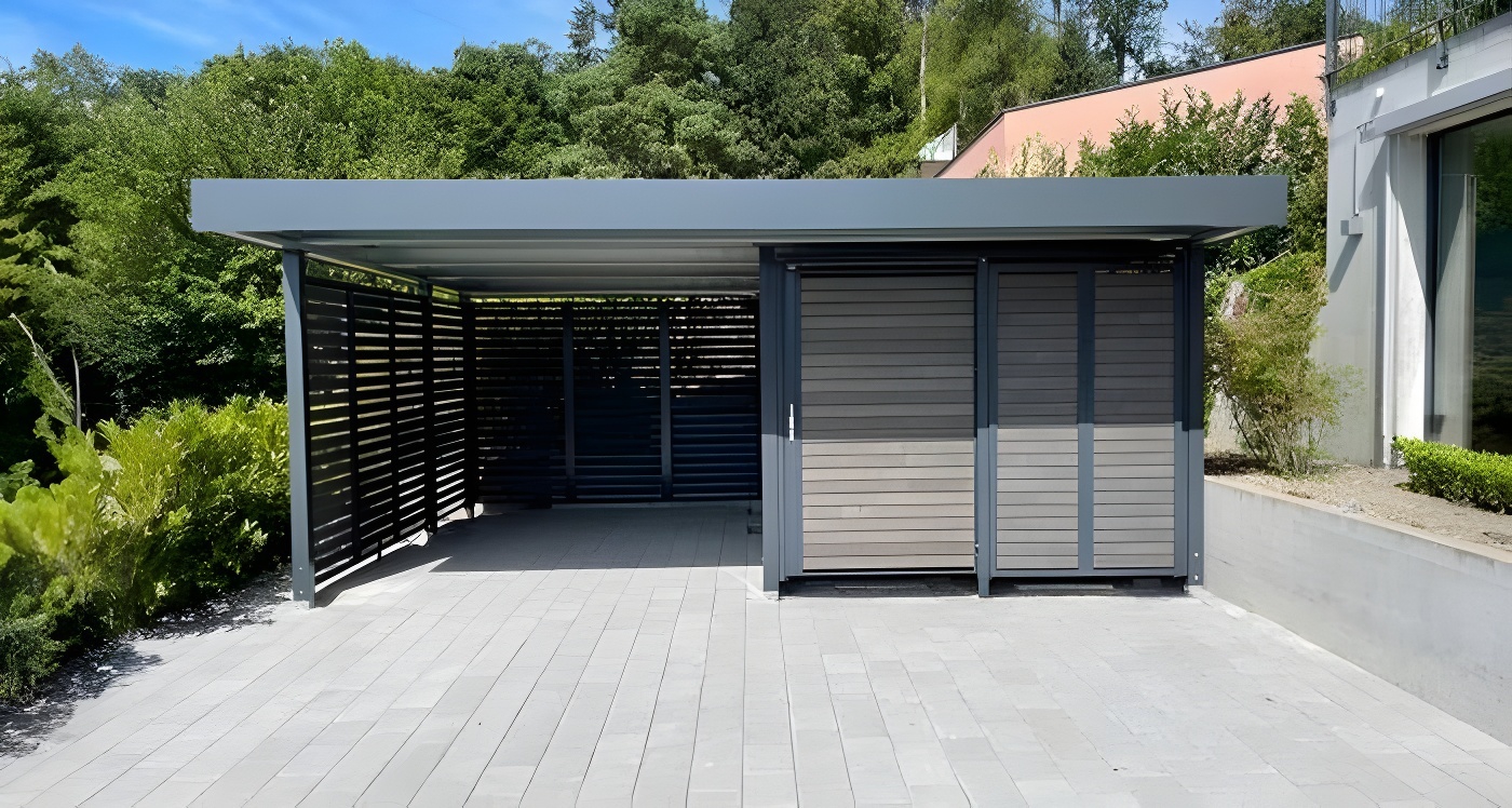 Закрытый навес с односкатной крышей из поликарбоната Современный автонавес с крышей из поликарбоната